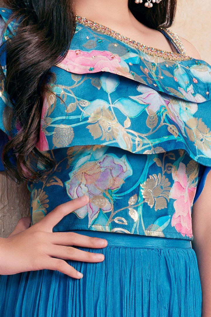 Blue Zari, Mirror, Zardozi and Stone work with Floral Print Palazzo Suit Set For Girls - Seasons Chennai