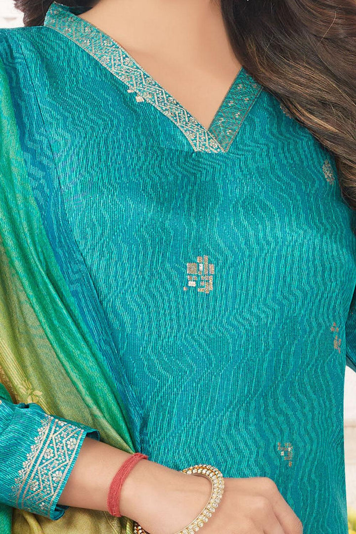 Rama Green Banaras work Straight Cut Salwar Suit with Printed Dupatta - Seasons Chennai