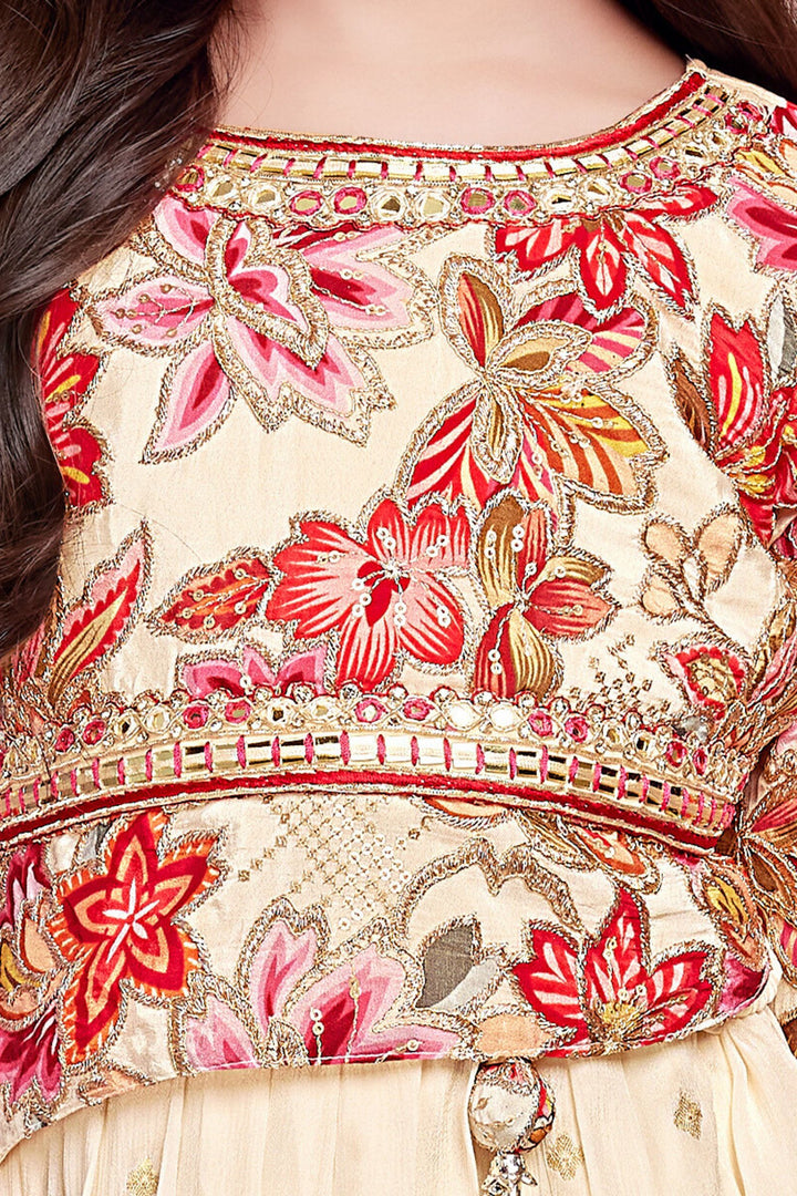 Cream Zari, Sequins, Mirror and Stone work with Floral Print Lehenga Choli for Girls