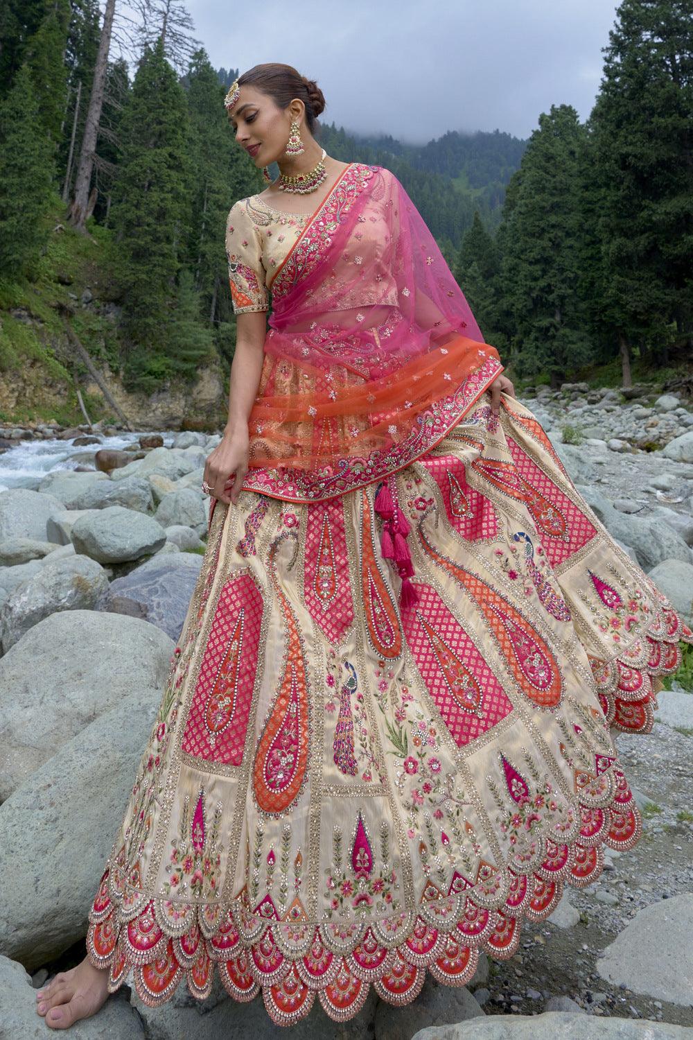 Beige with Multicolor Banaras, Embroidery and Stone work Semi Stitched Bridal Lehenga - Seasons Chennai