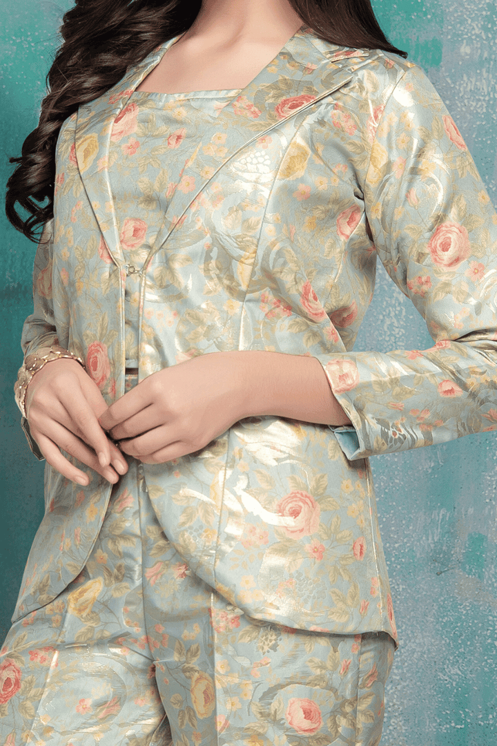 Pista Green Digital Print Overcoat Styled Co-ord Set for Girls - Seasons Chennai