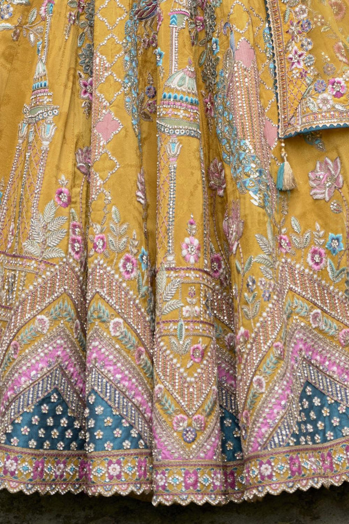 Yellow Banaras, Zari, Embroidery, Sequins and Stone work Semi Stitched Bridal Lehenga - Seasons Chennai