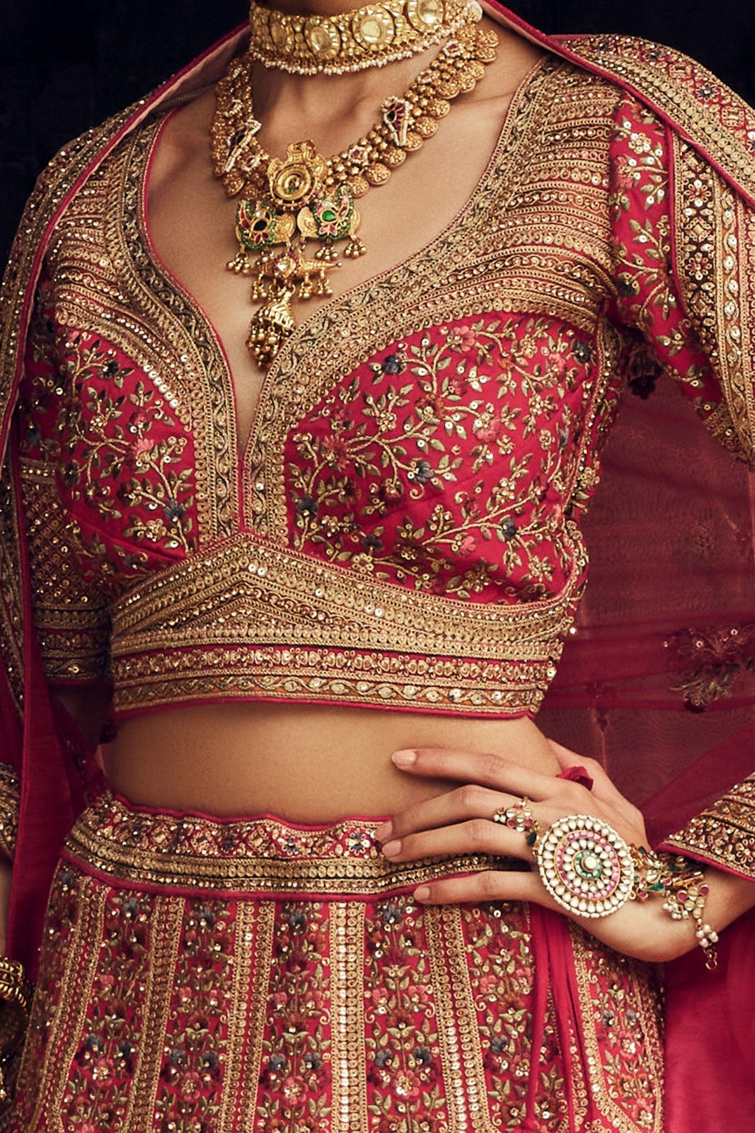Rani Pink Sequins, Zari and Embroidery work Semi Stitched Designer Bridal Lehenga - Seasons Chennai