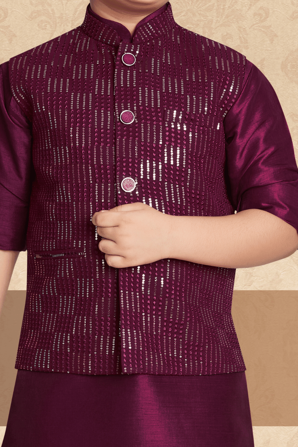 Wine Sequins and Thread work Waist Coat Kurta Set for Boys - Seasons Chennai