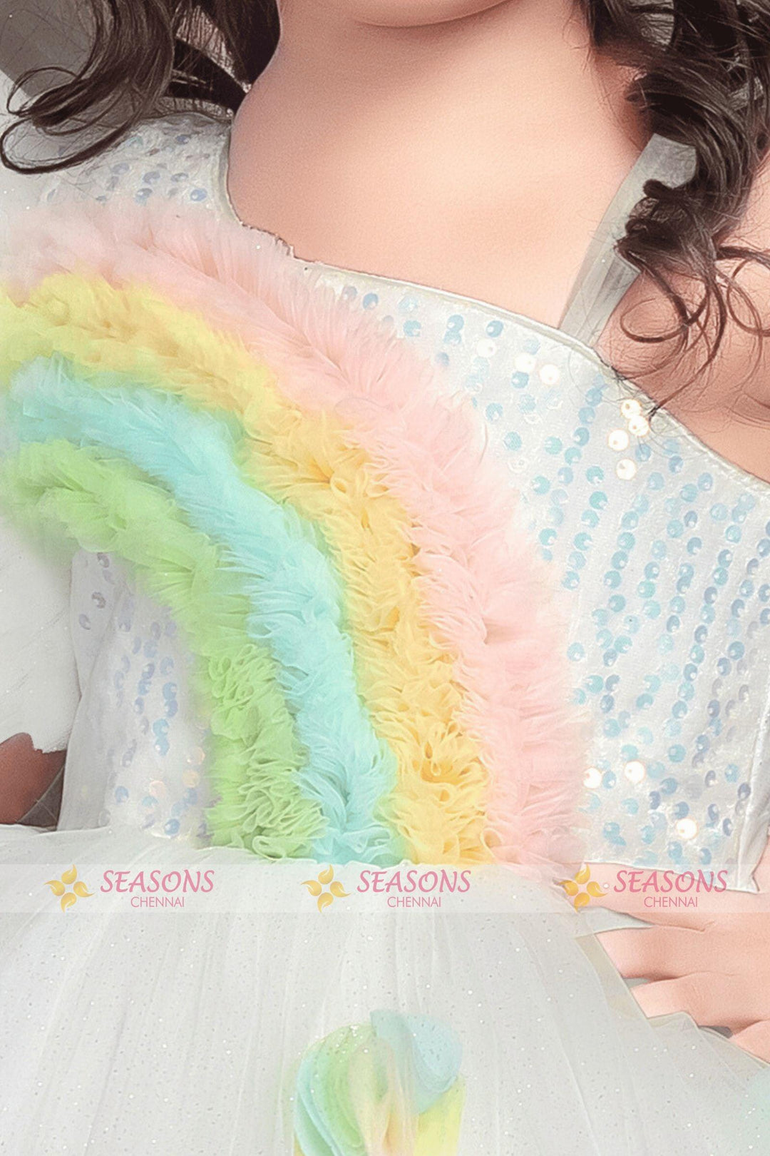 White Glitter and Sequins work Netted Short Frock for Girls - Seasons Chennai