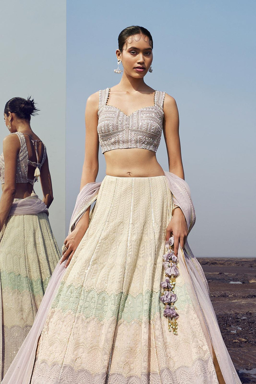 Lilac Multicolor Lucknowi Thread, Pearl, Beads and Sequins work Crop Top Lehenga - Seasons Chennai