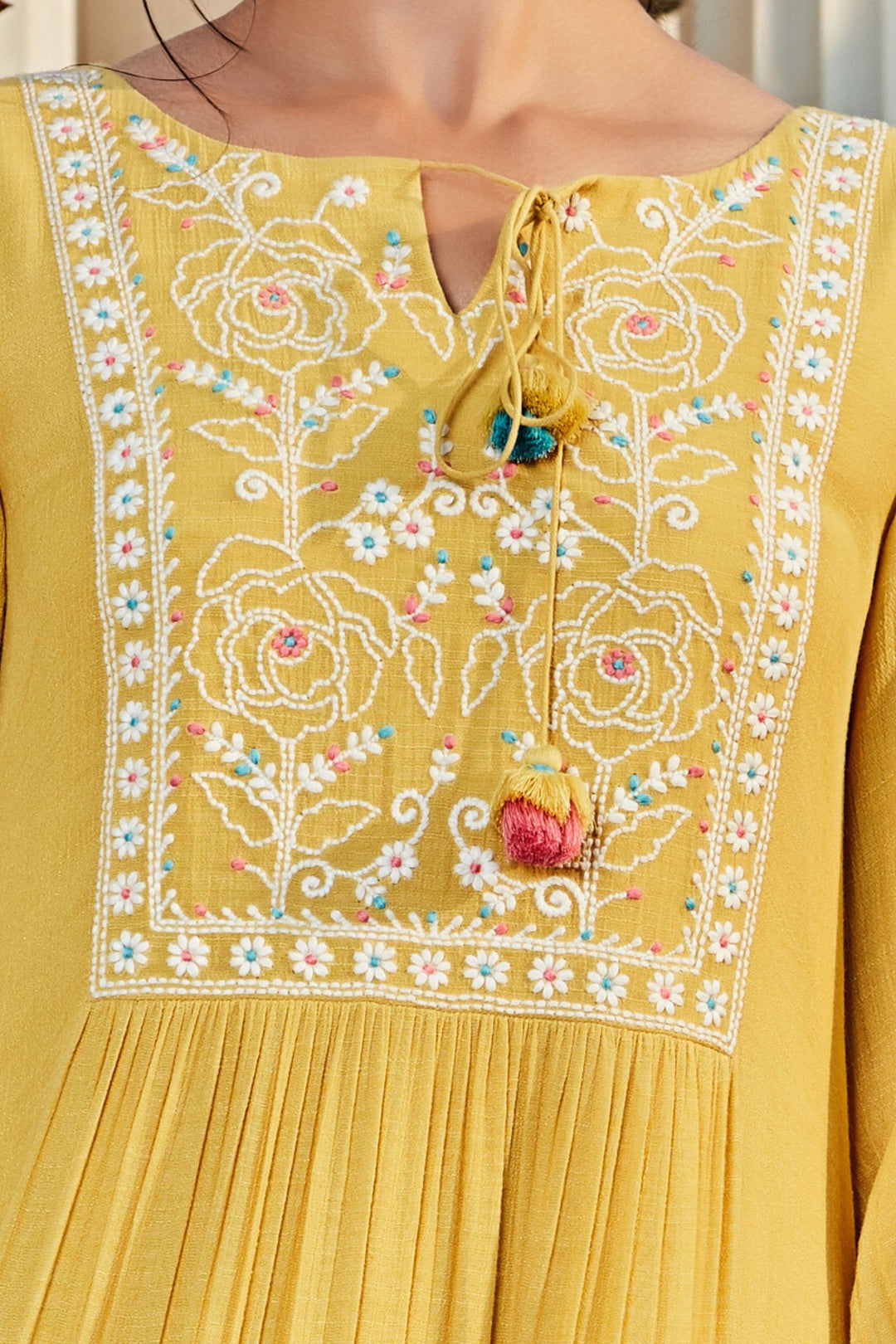 Pastel Yellow Hand Embroidery work Anarkali Styled Kurti