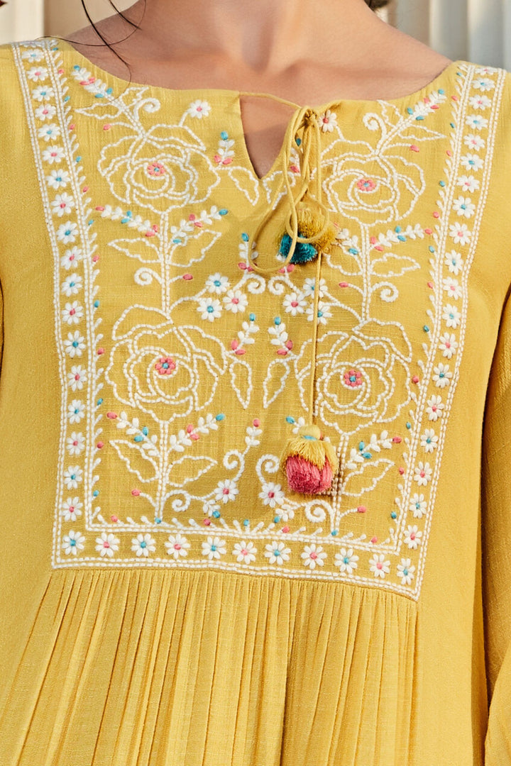Pastel Yellow Hand Embroidery work Anarkali Styled Kurti