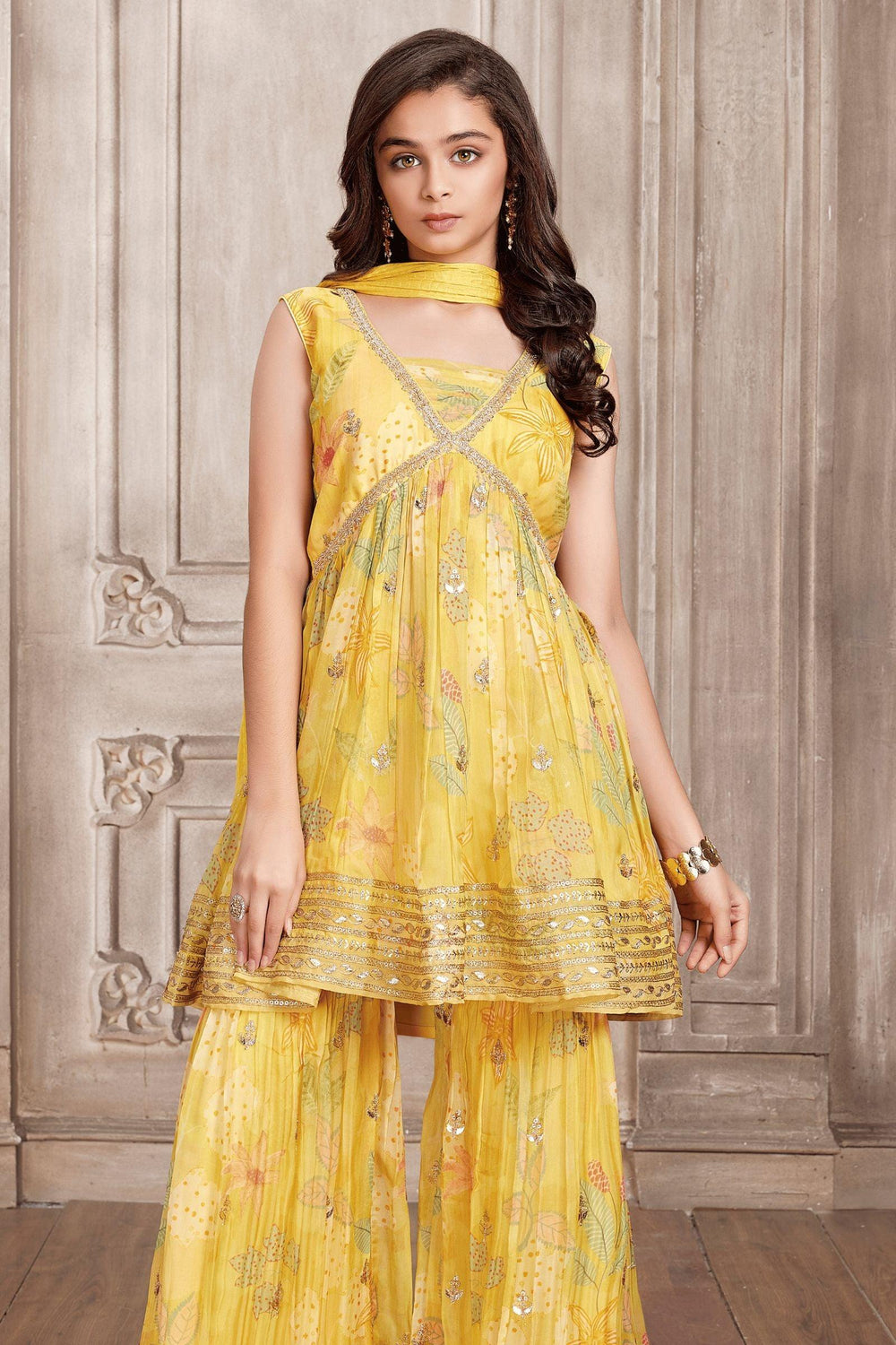 Yellow Zari and Sequins work with Digital Print Alia Cut Peplum Top and Sharara Set for Girls - Seasons Chennai
