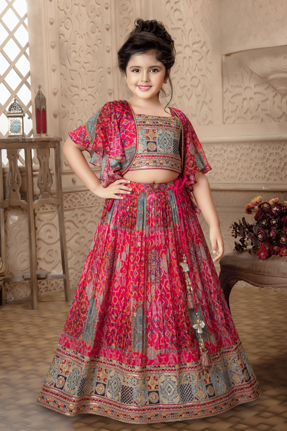 Pink Multicolor Thread, Sequins and Zari work Overcoat Styled Lehenga Choli for Girls - Seasons Chennai
