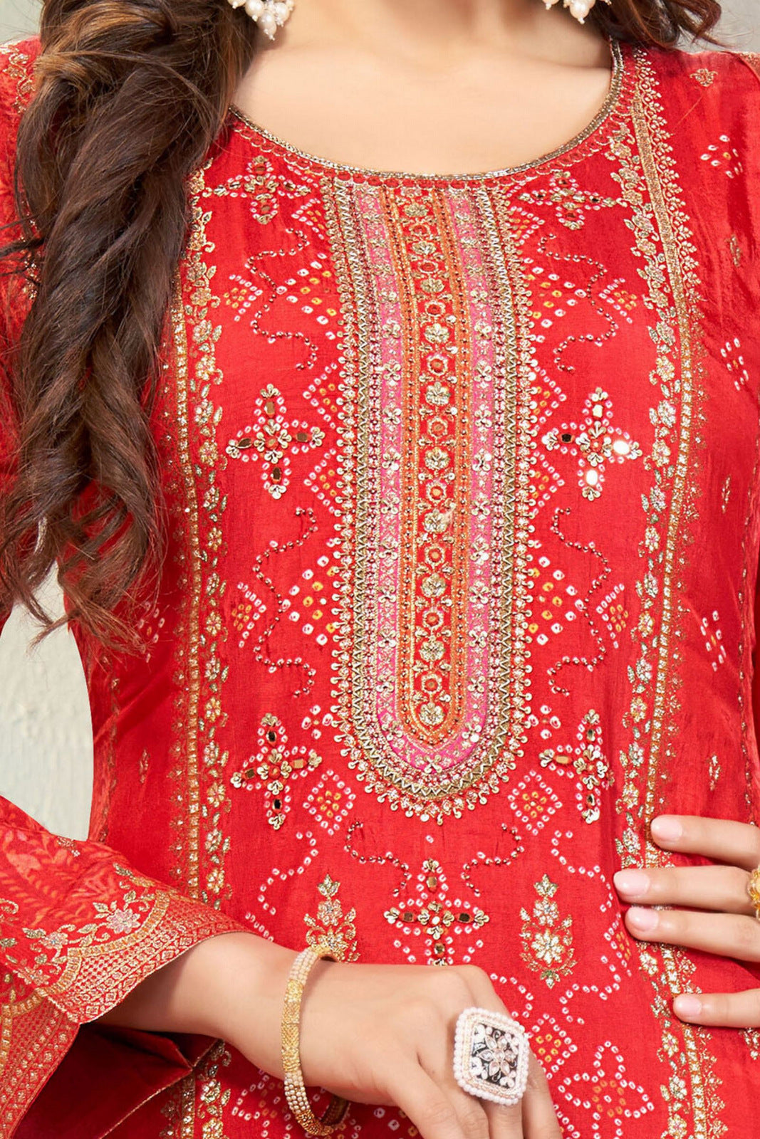 Red Sequins, Zardozi and Banaras work with Digital Print Straight Cut Salwar Suit
