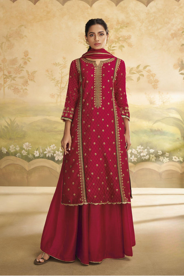 Red Zari, Sequins and Thread work Salwar Suit with Palazzo Pants - Seasons Chennai