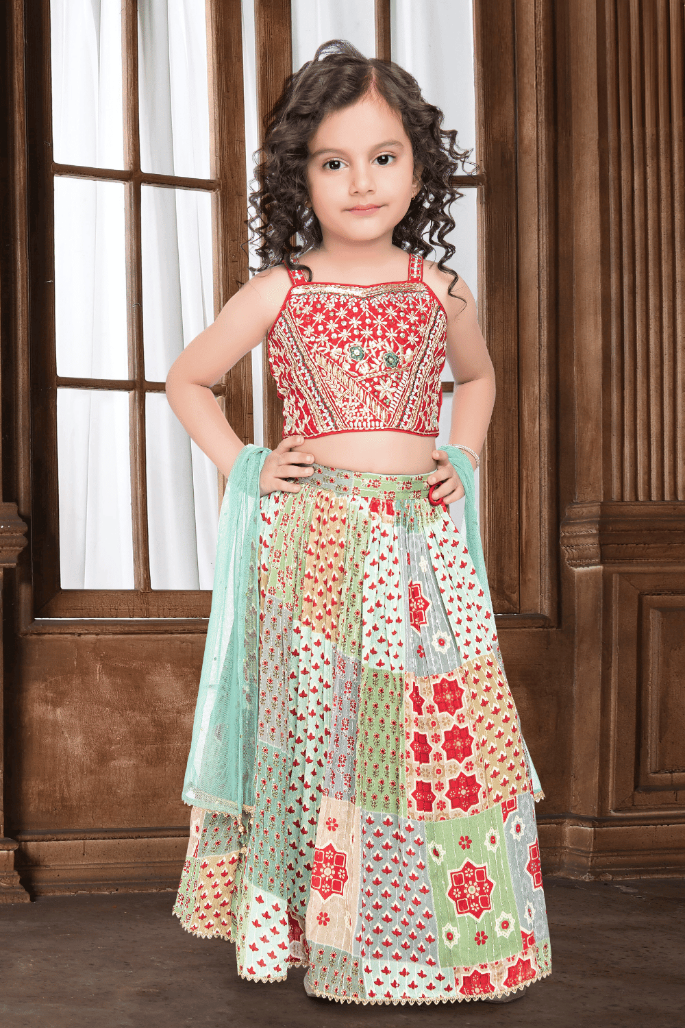 Red with Multicolor Print, Zari, Stone and Sequins work Lehenga Choli for Girls - Seasons Chennai