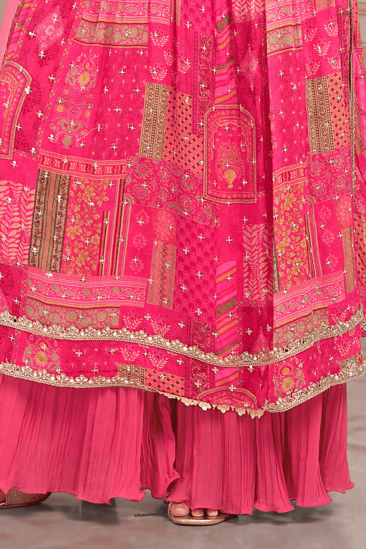 Pink Sequins and Thread work with Digital Print Palazzo Suit Set for Girls - Seasons Chennai