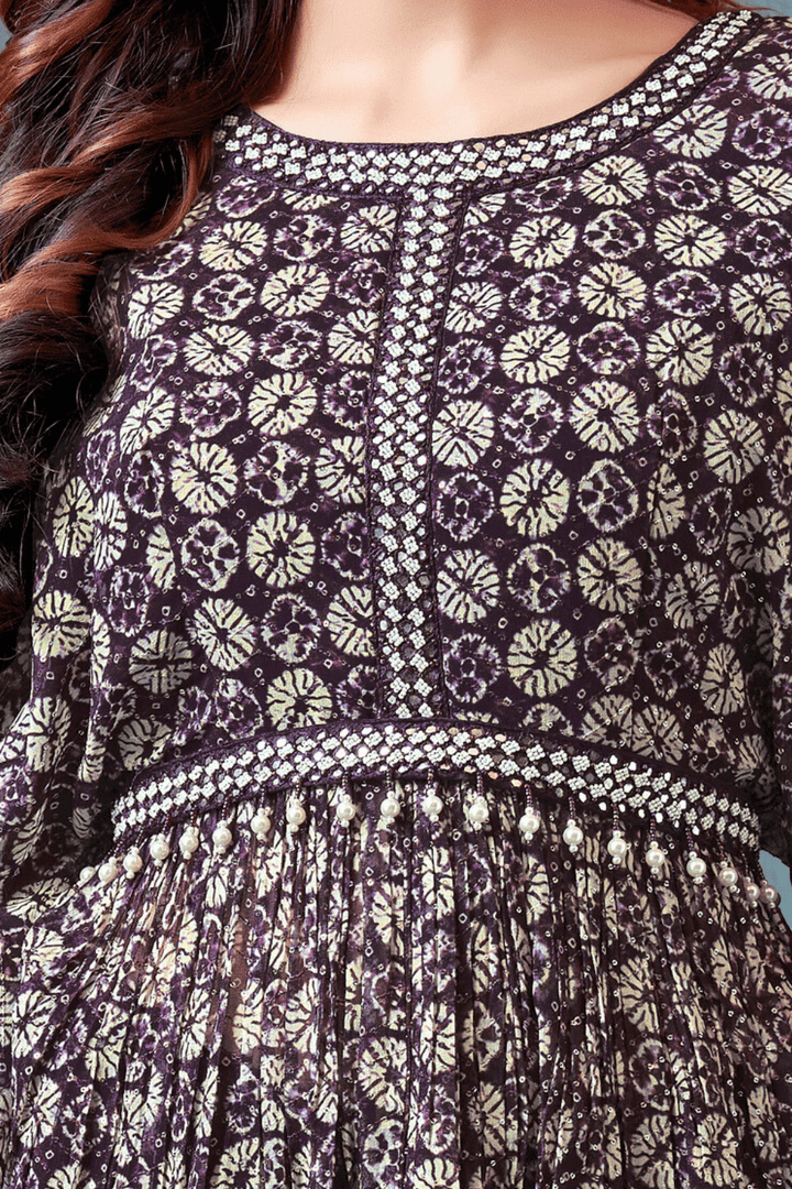 Wine Sequins and Thread Weaving work Kaftan Styled Digital Print Top with Palazzo Pants - Seasons Chennai