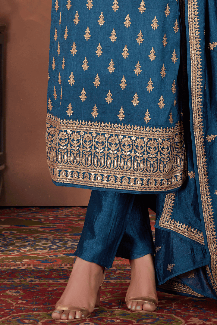 Teal Blue Thread and Sequins work Straight Cut Salwar Suit - Seasons Chennai