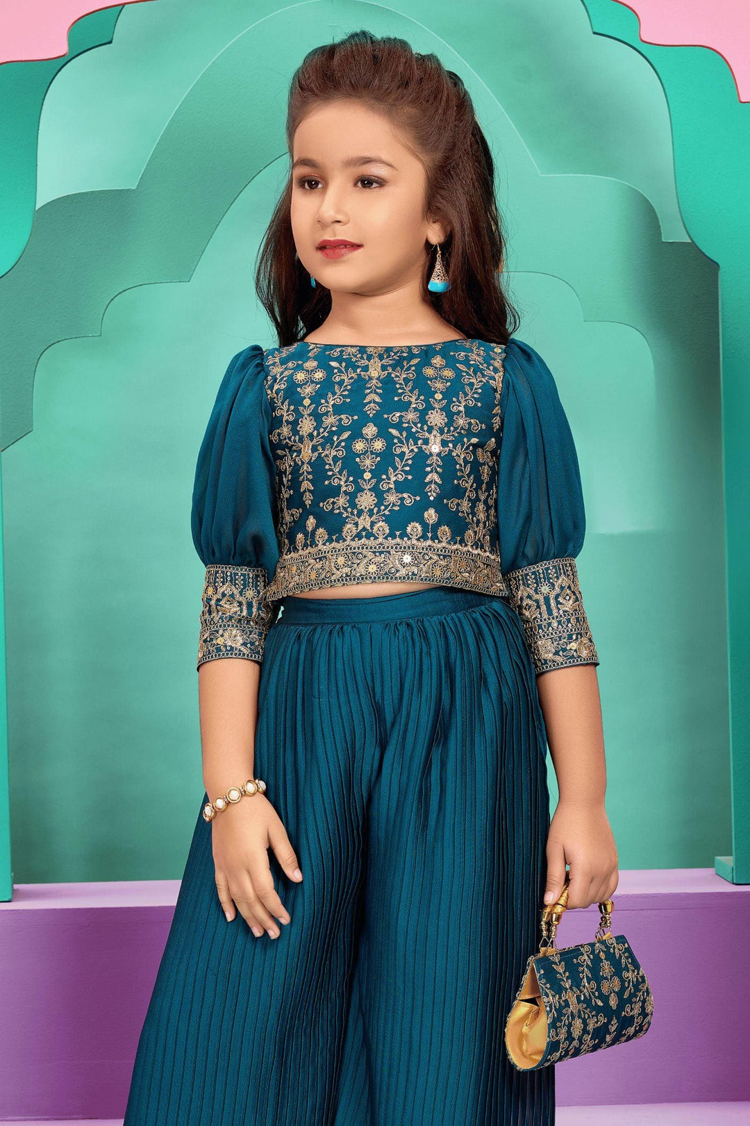 Peacock Blue Zari and Sequins work with Bag Palazzo Suit Set For Girls - Seasons Chennai