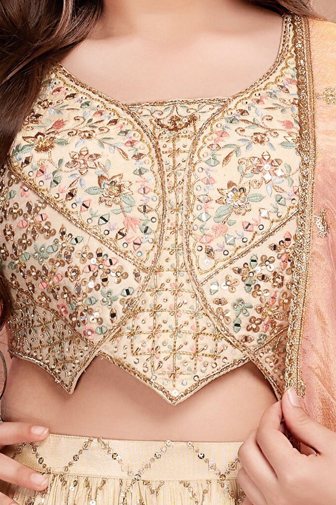 Beige Zari, Beads, Sequins and Multicolor Thread work Lehenga Choli fo