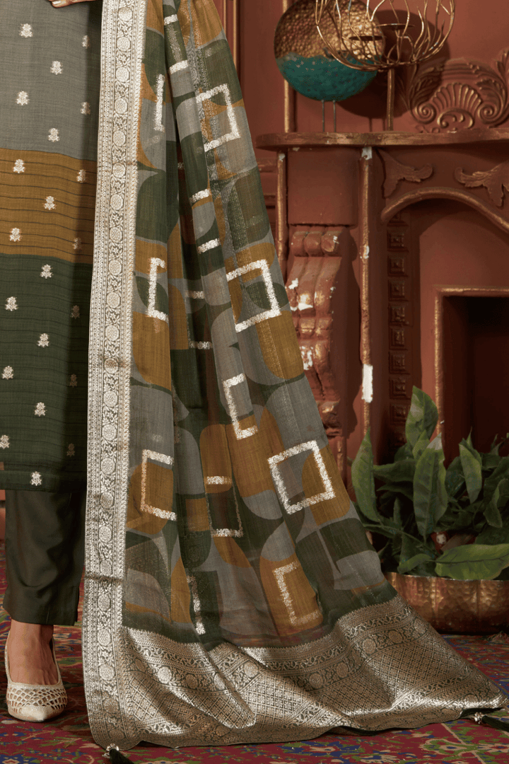 Green Mirror, Zardozi, Pearl and Banaras work Straight Cut Salwar Suit - Seasons Chennai