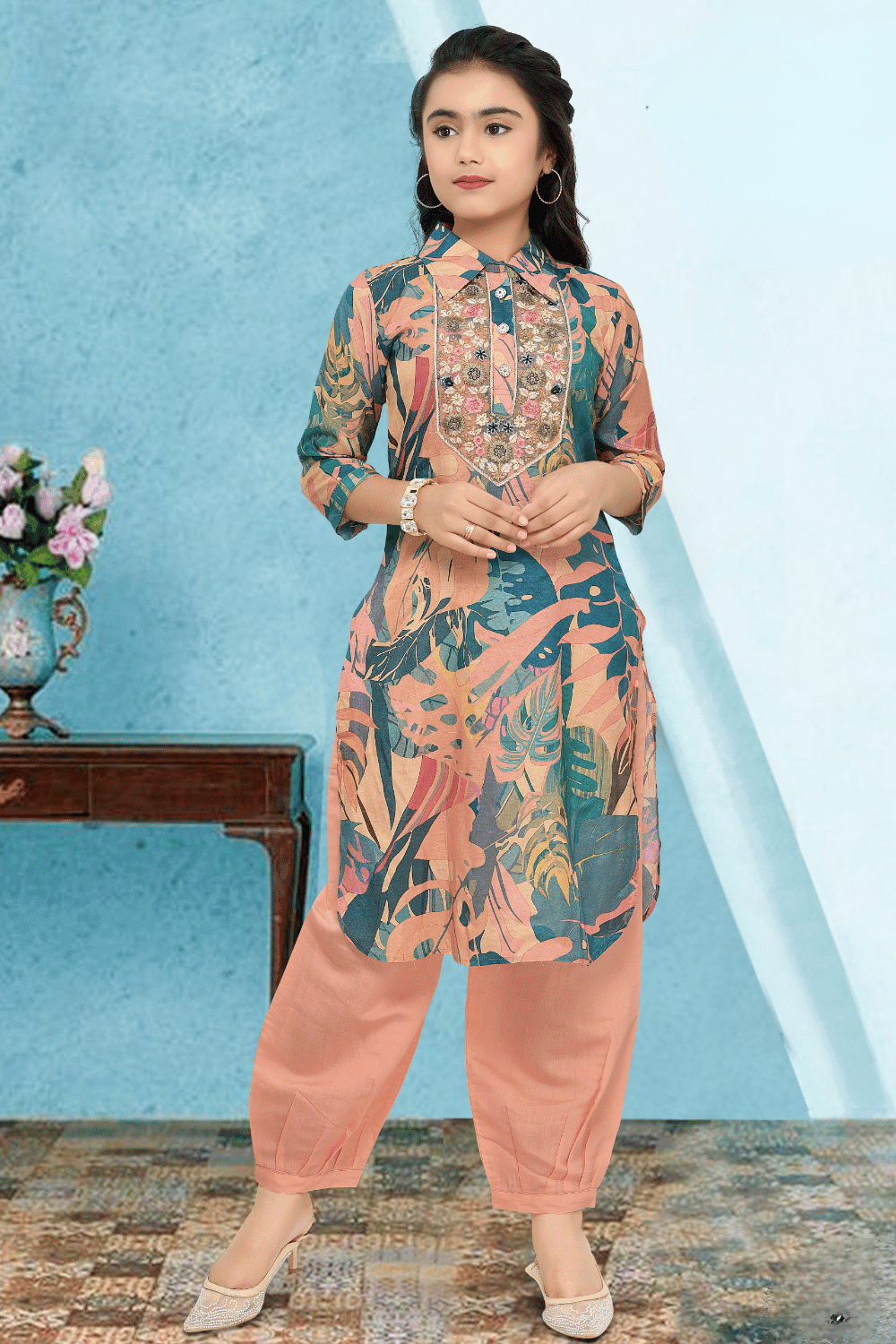 Peach Embroidery and Printed Salwar Suit for Girls - Seasons Chennai