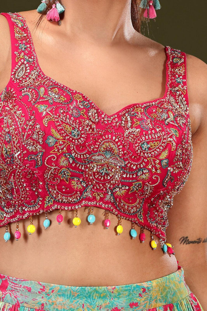 Rani Pink with Multicolor Digital Print, Sequins and Beads work Crop Top Lehenga - Seasons Chennai