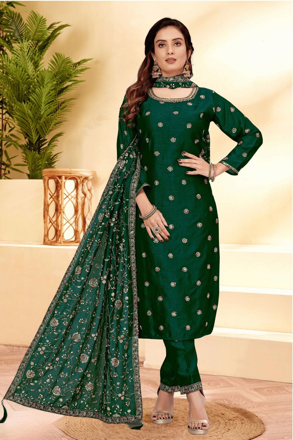 Green Mirror, Beads, Sequins and Thread work Straight Cut Salwar Suit - Seasons Chennai