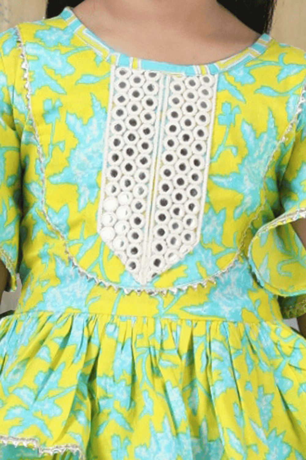 Lemon Yellow with Blue Printed Peplum Style Palazzo Suit Set for Girls - Seasons Chennai