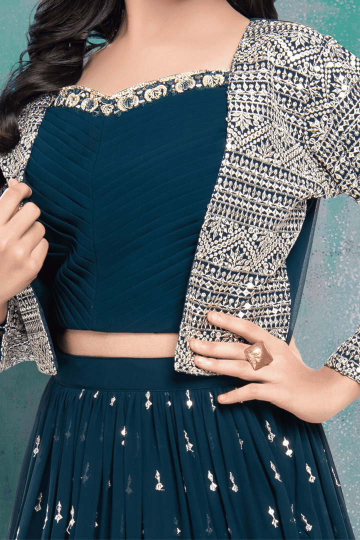 Peacock Blue Sequins, Silver Zari, Stone and Mirror work Jacket Styled Lehenga Choli for Girls - Seasons Chennai