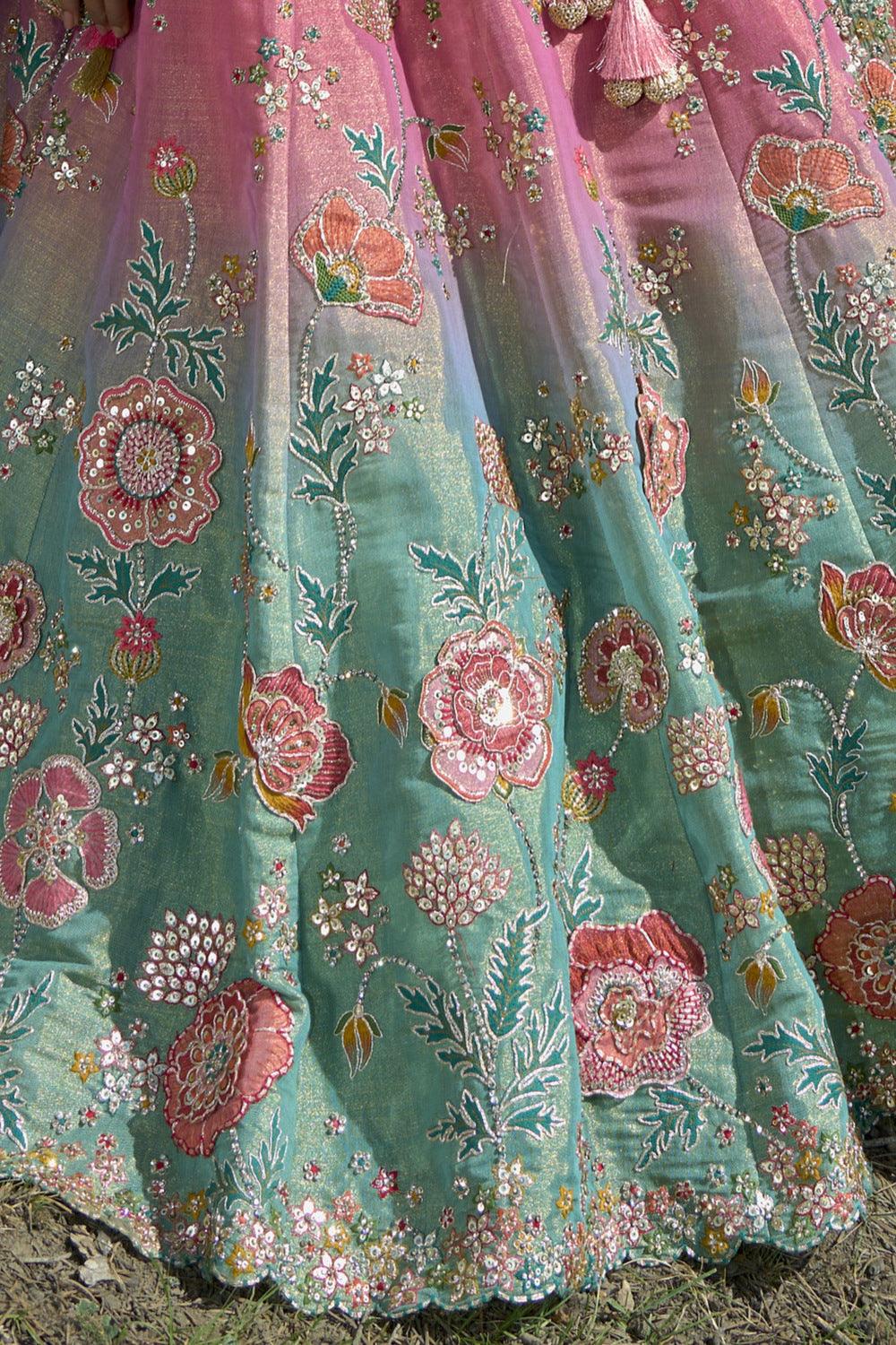 Pink with Green Thread, Zari, Stone and Sequins work Semi Stitched Bridal Lehenga - Seasons Chennai