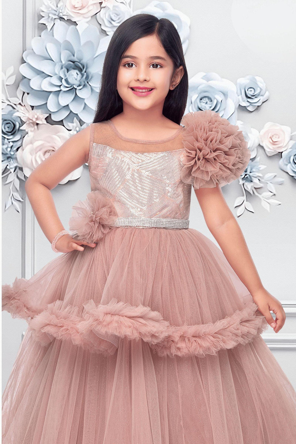 Onion Pink Sequins and Glitter work Long Party Frock for Girls - Seasons Chennai