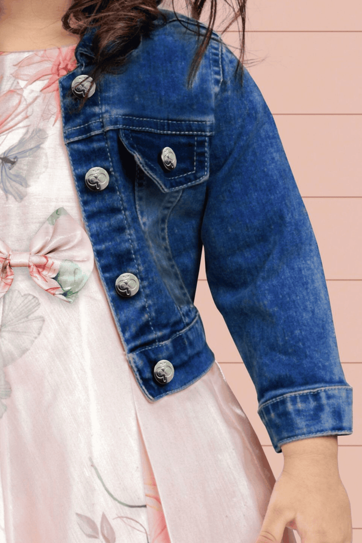 Peach with Blue Denim Floral Print Overcoat Styled Short Frock For Girls - Seasons Chennai