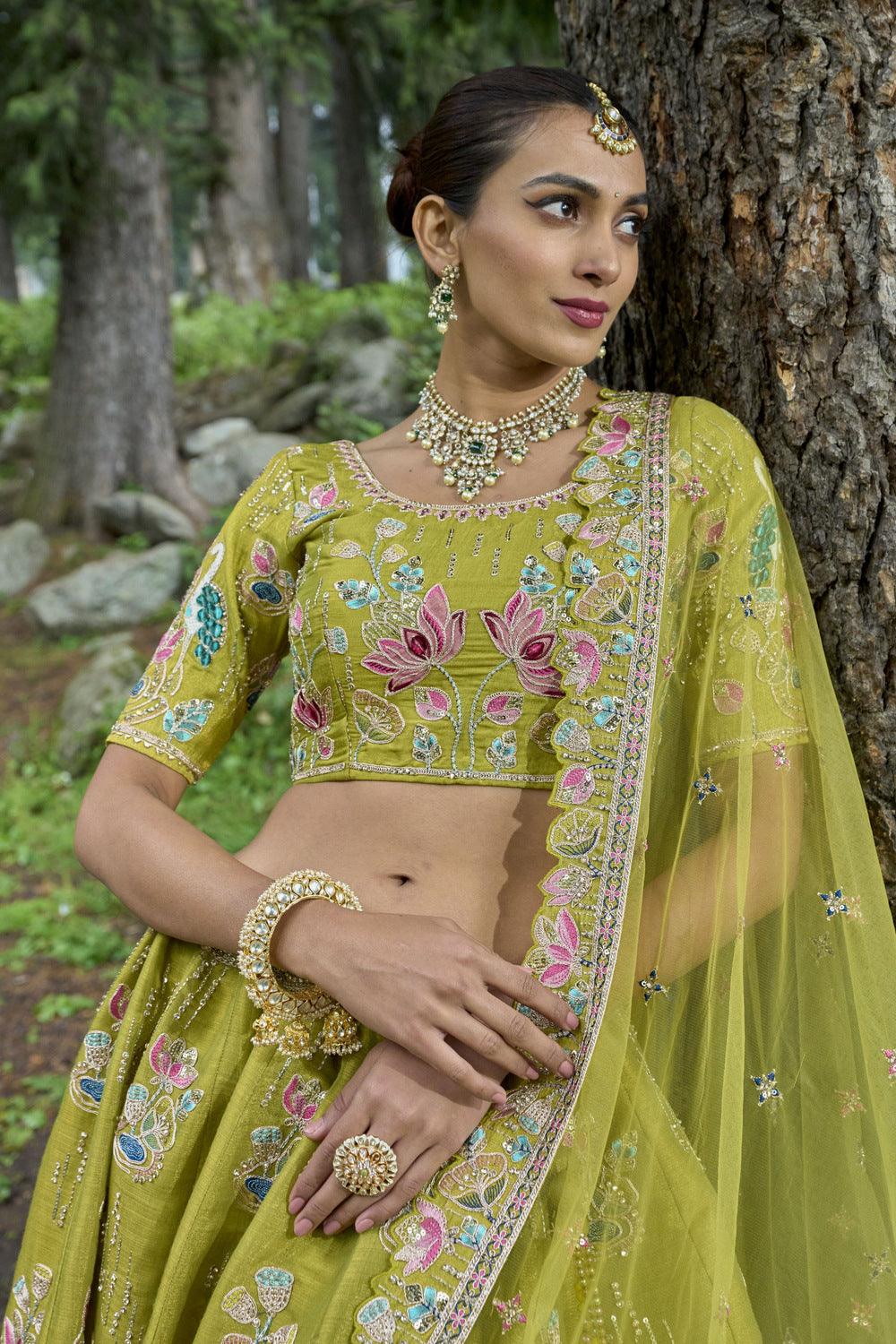 Parrot Green Pearl, Thread, Zari and Stone work Semi Stitched Bridal Lehenga - Seasons Chennai