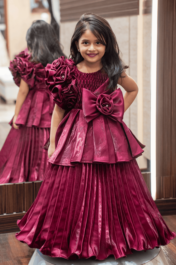 Maroon Satin Long Party Ball Gown for Girls - Seasons Chennai