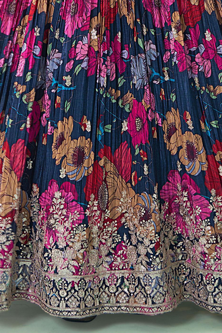 Peacock Blue Floral Print, Zari and Sequins work Floor Length Anarkali Suit - Seasons Chennai