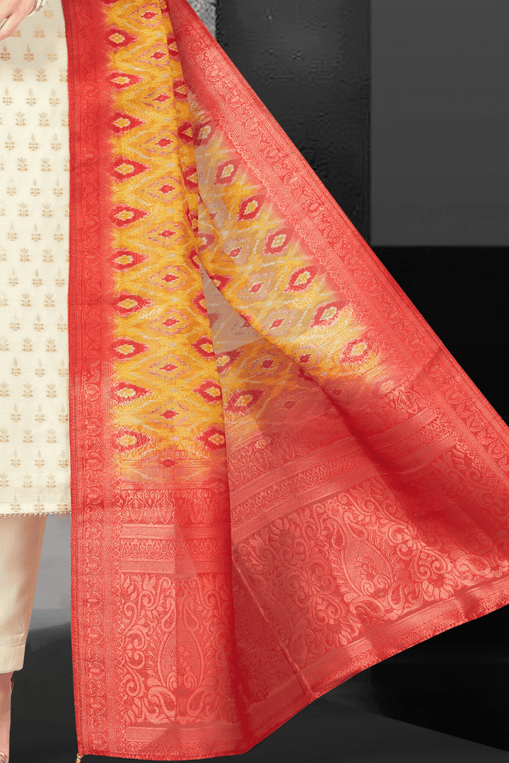 Cream Banaras, Mirror, Beads and Stone work Straight Cut Salwar Suit - Seasons Chennai