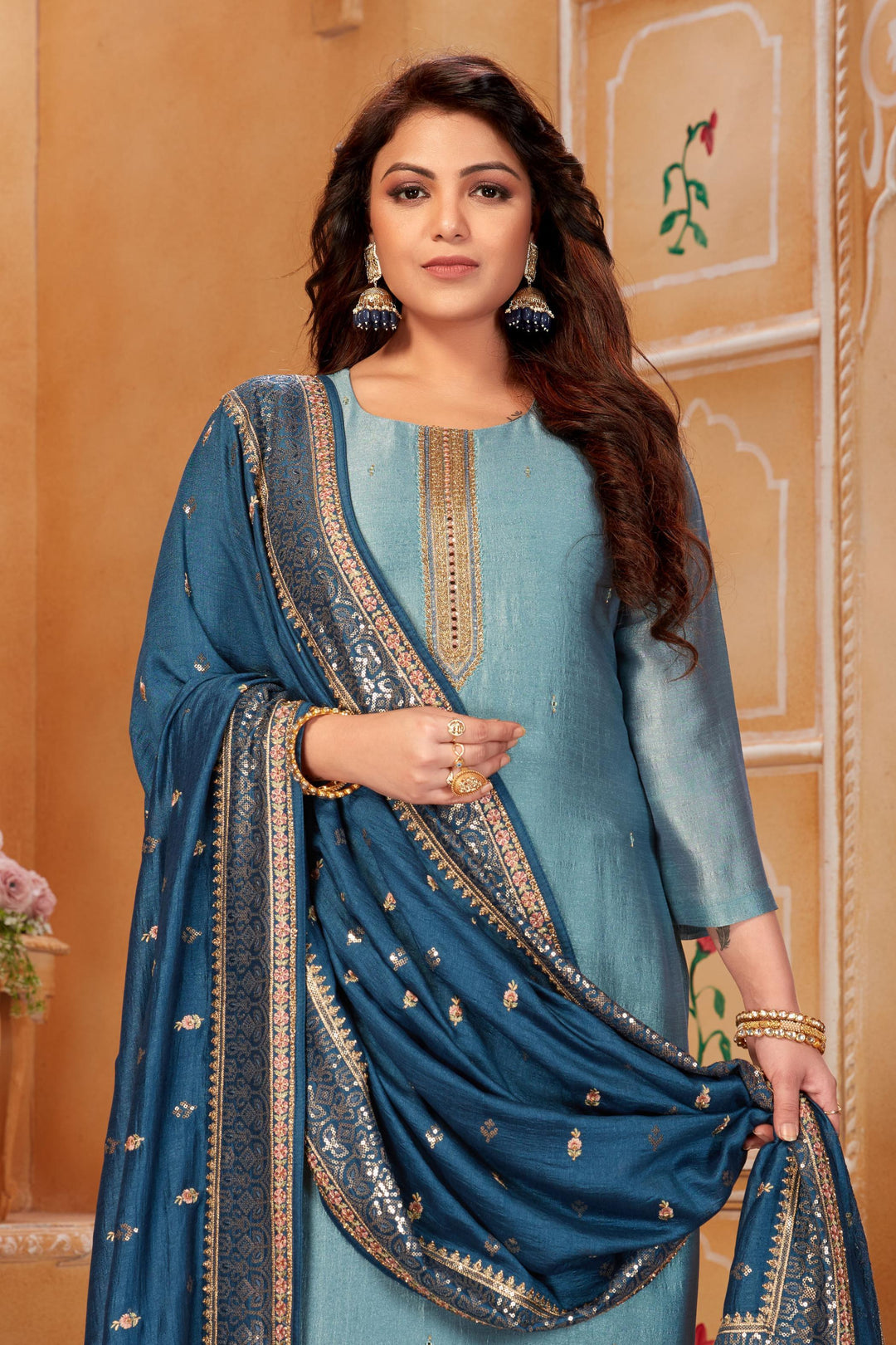 Blue Zardozi, Mirror, Sequins and Zari work Straight Cut Salwar Suit - Seasons Chennai