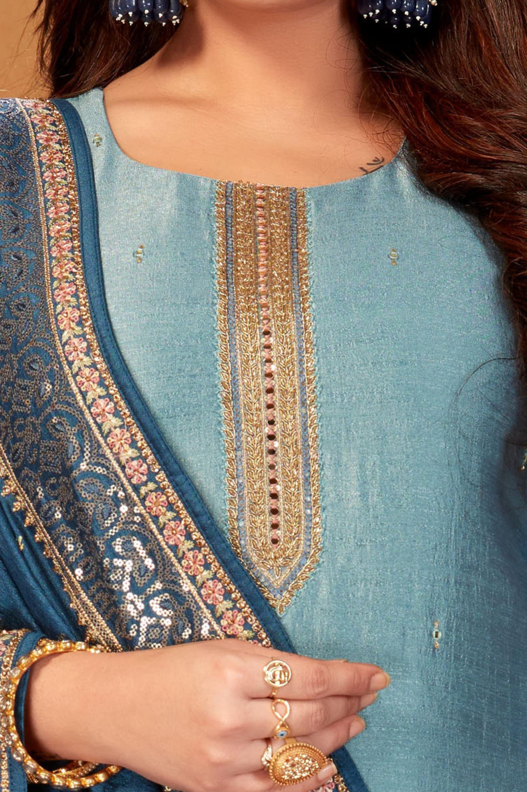 Blue Zardozi, Mirror, Sequins and Zari work Straight Cut Salwar Suit - Seasons Chennai