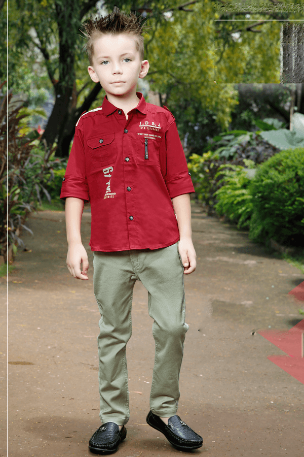 Maroon with Light Green Printed Casual wear Pant and Shirt Set for Boys - Seasons Chennai