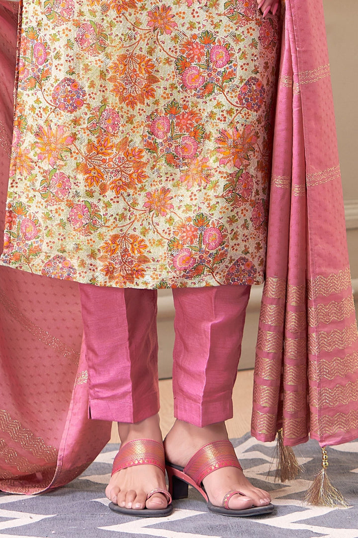 Beige with Multicolor Digital Print, Banaras and Zardozi work Straight Cut Salwar Suit
