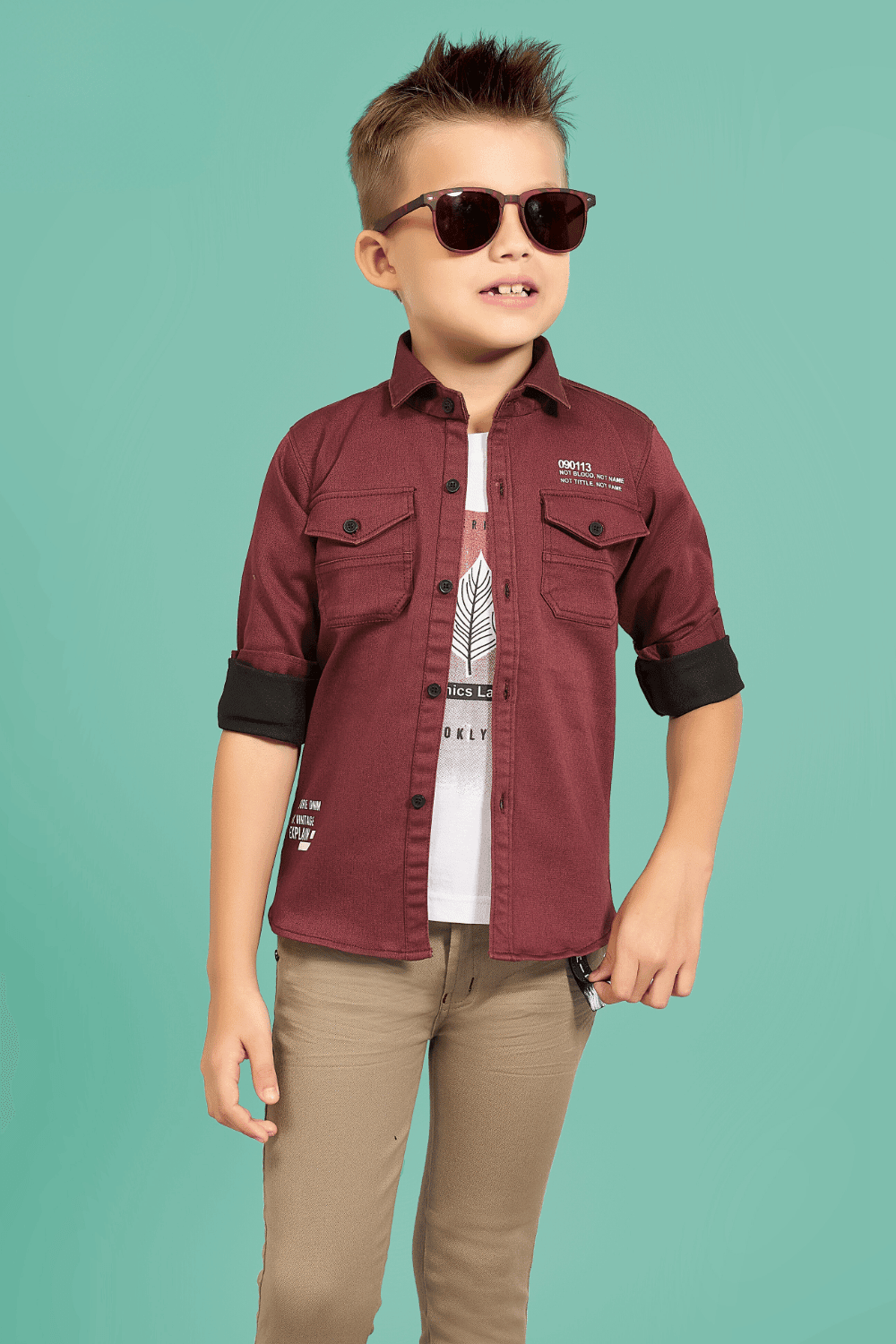Maroon Blazer with White T Shirt and Beige Pant Set for Boys with