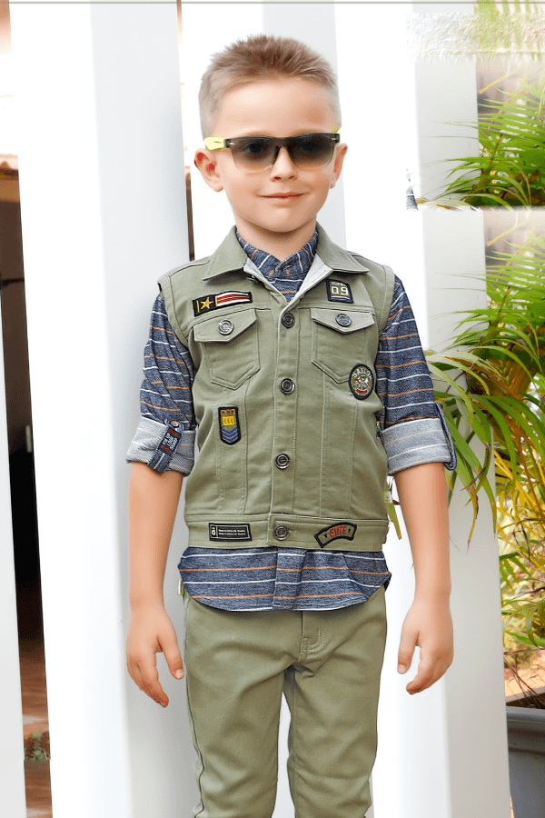 Pista Green with Blue Printed Waist Coat and Pant Set for Boys - Seasons Chennai