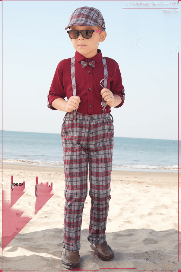 Maroon with Grey Printed Suspender Style Pant Shirt Set for Boys with Bow and Cap - Seasons Chennai