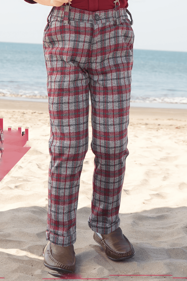 Maroon with Grey Printed Suspender Style Pant Shirt Set for Boys with Bow and Cap - Seasons Chennai