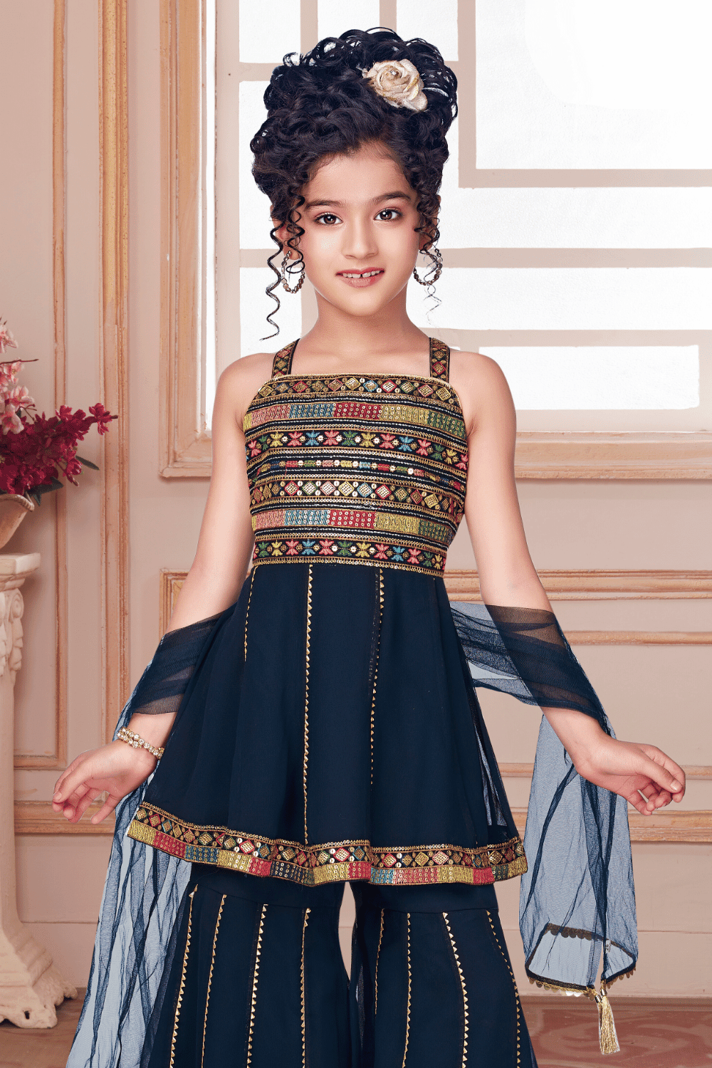 Navy Blue Multicolor Thread, Sequins and Zari work Peplum Style Sharara Suit Set for Girls - Seasons Chennai