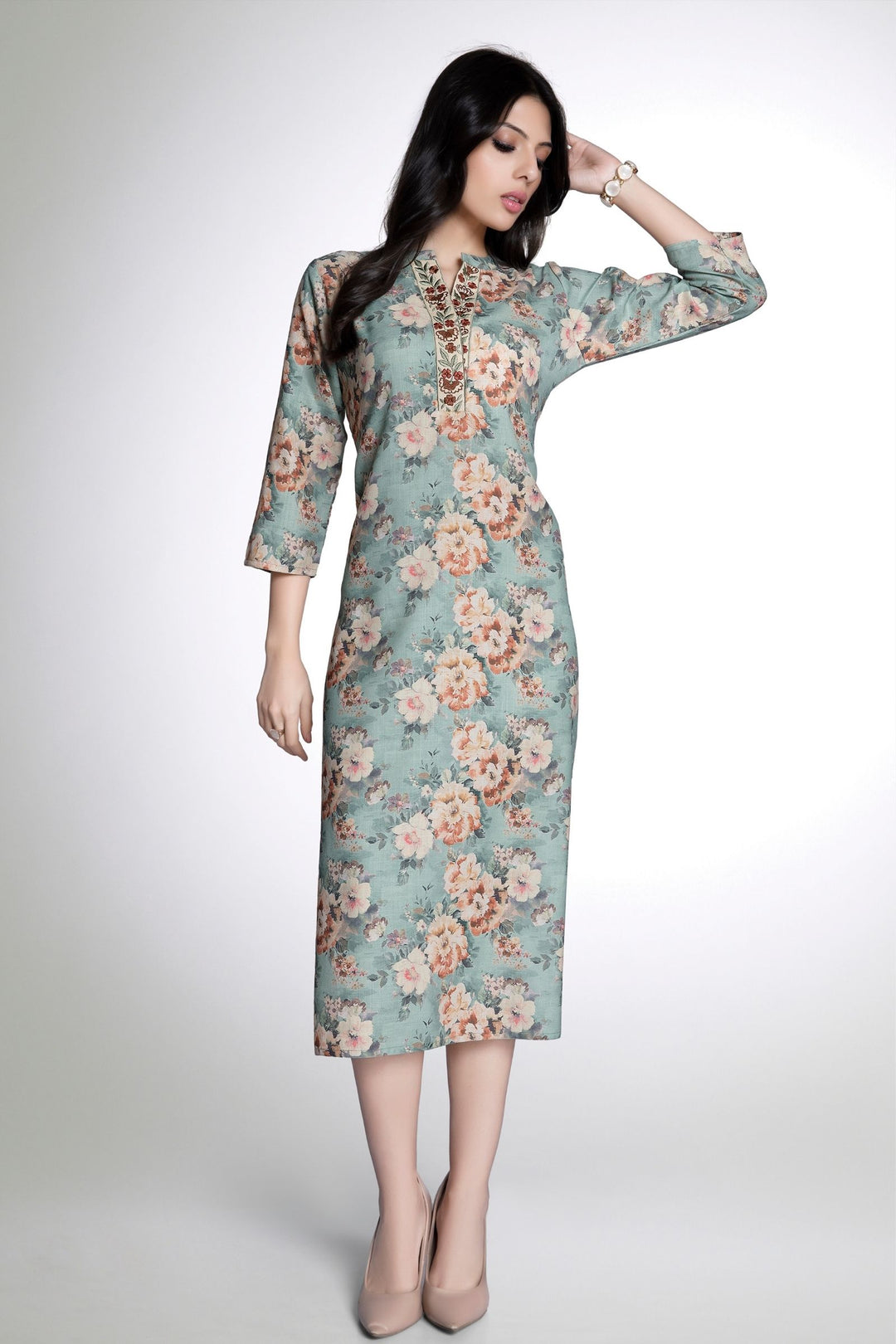 Pista Green with Floral Print and Embroidery work Calf Length Kurti