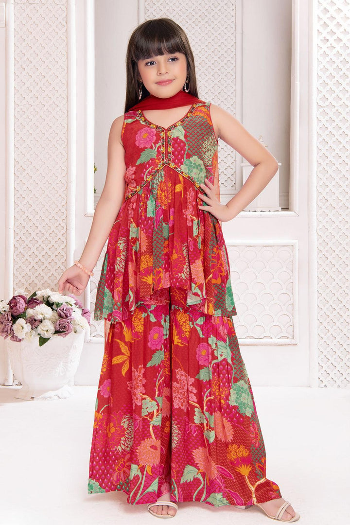 Red Multicolor Digital Print Alia Cut Peplum Top and Sharara Set for Girls - Seasons Chennai