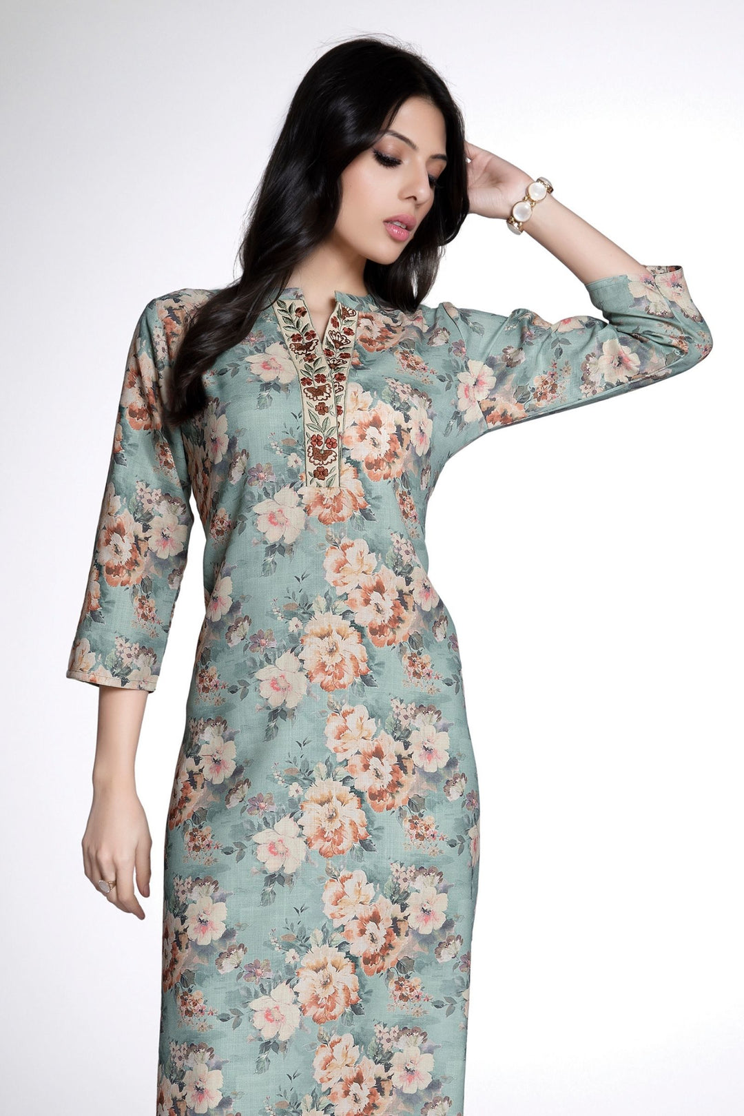Pista Green with Floral Print and Embroidery work Calf Length Kurti