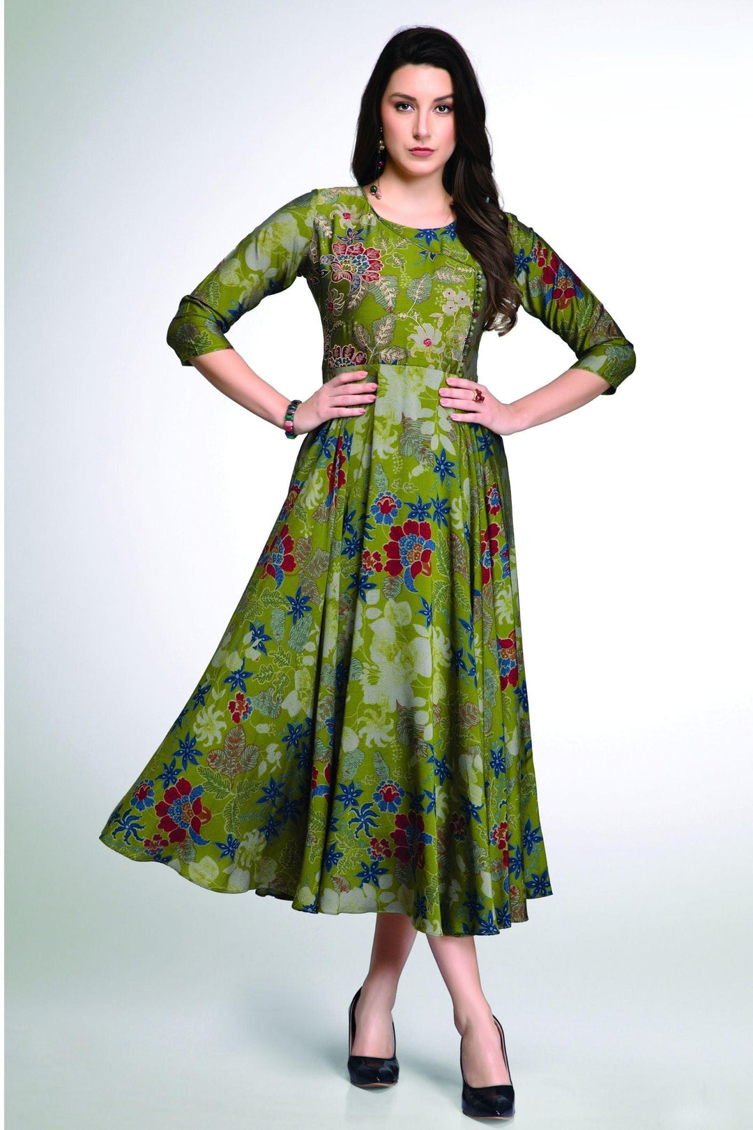 Green Zari and Thread work with Printed Anarkali Styled Long Kurti - Seasons Chennai
