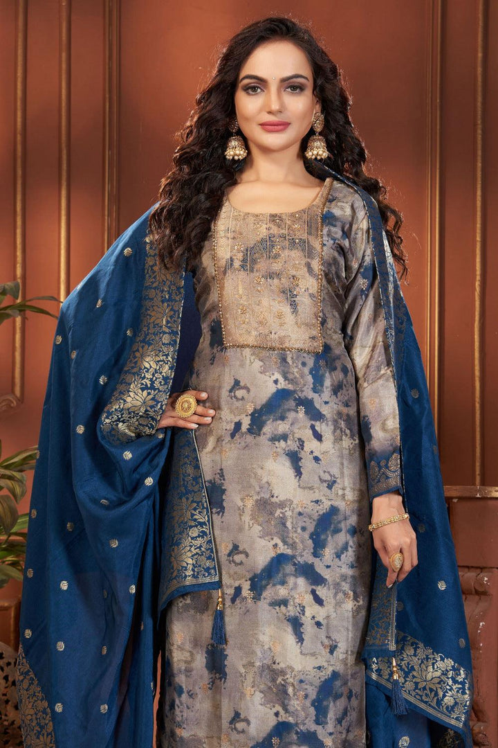 Grey with Blue Tie and Dye Print, Beads and Banaras work Straight Cut Salwar Suit - Seasons Chennai