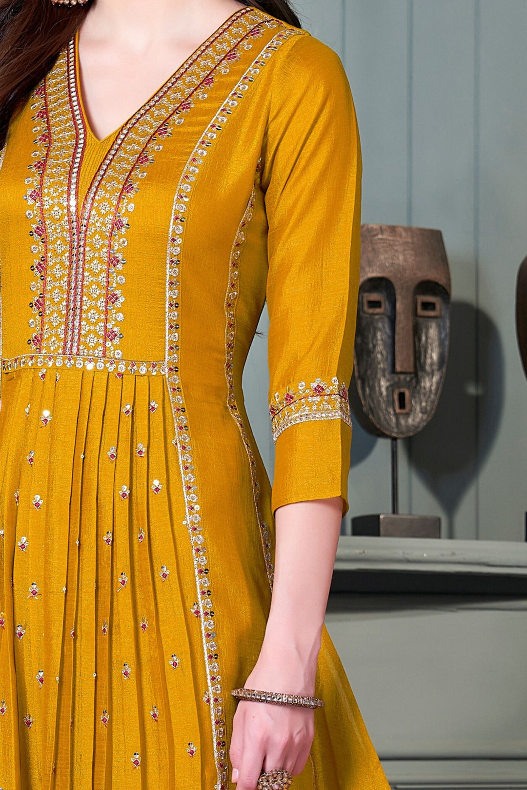 Yellow Thread, Zari and Sequins work Anarkali Style Salwar Suit with Straight Pants